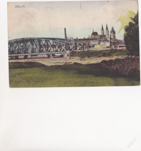 Kolín pohled na město, továrna, most (245414)